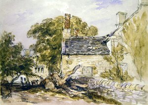 Figurki przed Starym Kamiennym Domkiem (czarna kreda i akwarela na papierze) autorstwa David Cox