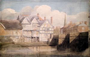 Stare domy i most Wye, Hereford, 1820 autorstwa David Cox