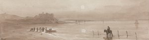 Wybrzeże, zachód słońca z zamkiem Harlech autorstwa David Cox