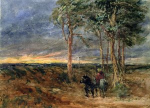 Podróżni zbliżający się do drogowskazu na wrzosowisku, 1851 autorstwa David Cox