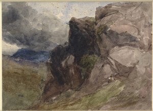 Skalisty krajobraz w Walii z rysunkiem postaci na pierwszym planie po prawej stronie autorstwa David Cox d.Æ.