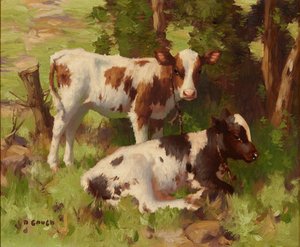 Cielęta w letnim pejzażu (olej na płótnie) autorstwa David Gauld