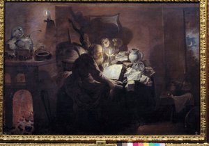 Alchemik w swoim studio. Obraz Davida Ryckaerta III (Rijckaert) (1612-1661) Ec. Bujda.