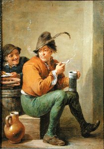Chłop trzymający kamionkowy dzban i glinianą fajkę (olej na panelu) autorstwa David III Teniers