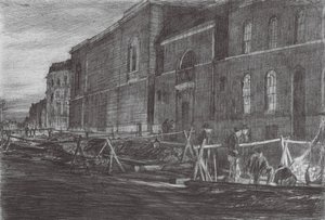 Londyn: Dawn Newgate Prison (kolorowa litografia)