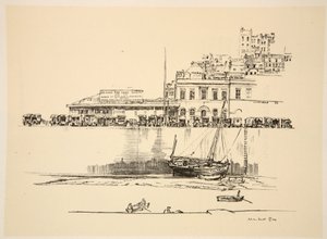 Skład Brytyjskiego Czerwonego Krzyża w Boulogne, ilustracja z "The Western Front", wyd. przez Country Life Ltd. autorstwa David Muirhead Bone
