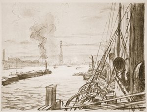 Statek szpitalny w bazie, ilustracja z "The Western Front", wyd. przez Country Life Ltd. autorstwa David Muirhead Bone
