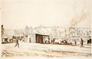 Kuchnia w polu, ilustracja z "The Western Front", wyd. przez Country Life Ltd. autorstwa David Muirhead Bone
