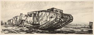 Linia czołgów, ilustracja z "The Western Front", wyd. przez Country Life Ltd autorstwa David Muirhead Bone