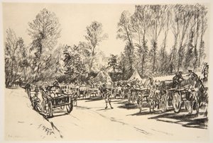 Punkt uzupełniania zapasów, ilustracja z "The Western Front", wyd. przez Country Life Ltd. autorstwa David Muirhead Bone