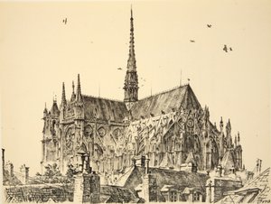Katedra w Amiens, ilustracja z książki "The Western Front", wyd. przez Country Life Ltd. autorstwa David Muirhead Bone