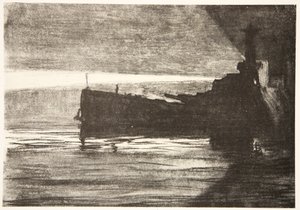 Zbliżanie się do pancernika nocą, ilustracja z "The Western Front", wyd. przez Country Life Ltd. autorstwa David Muirhead Bone