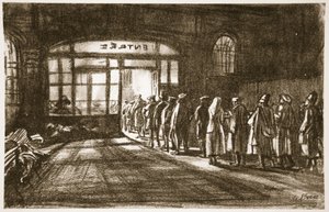 Na stacji bazowej, ilustracja z "Frontu Zachodniego", wyd. przez Country Life Ltd. autorstwa David Muirhead Bone