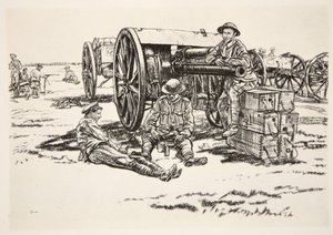 Dinner Time: Men of the RFA, ilustracja z "The Western Front", wyd. przez Country Life Ltd. autorstwa David Muirhead Bone
