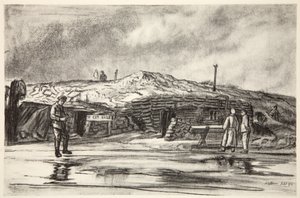 Dug Outs, ilustracja z "The Western Front", wyd. przez Country Life Ltd. autorstwa David Muirhead Bone