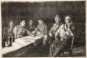 Kantyna oficerska Gordon Highlander, ilustracja z "The Western Front", wyd. przez Country Life Ltd. autorstwa David Muirhead Bone