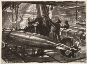 W zanurzonej torpedowni pancernika, ilustracja z "Frontu Zachodniego", wyd. przez Country Life Ltd. autorstwa David Muirhead Bone