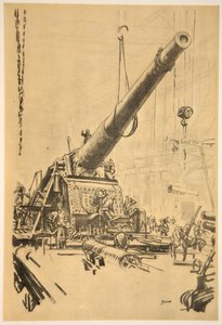 Montaż wielkiego działa, ilustracja z "The Western Front", wyd. przez Country Life Ltd. autorstwa David Muirhead Bone