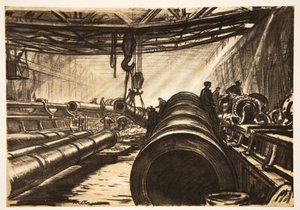 Przenoszenie ciężkich dział, ilustracja z "The Western Front", wyd. przez Country Life Ltd. autorstwa David Muirhead Bone