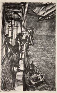 Off Havre: zabranie pilota na pokład statku szpitalnego, ilustracja z "The Western Front", wyd. przez Country Life Ltd. autorstwa David Muirhead Bone