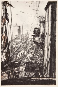 "Oiling": pancernik pobierający paliwo na morzu, ilustracja z "The Western Front", wyd. przez Country Life Ltd. autorstwa David Muirhead Bone