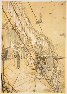 Na pancerniku: koce do wietrzenia, ilustracja z "The Western Front", wyd. przez Country Life Ltd. autorstwa David Muirhead Bone