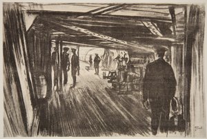 Na pokładzie krążownika bojowego: między pokładami, ilustracja z "The Western Front", wyd. przez Country Life Ltd. autorstwa David Muirhead Bone