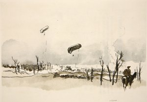 Nad Sommą: balony z kiełbasą, ilustracja z "The Western Front", wyd. przez Country Life Ltd. autorstwa David Muirhead Bone