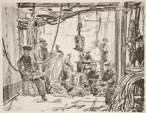 Marynarze na pancerniku produkujący amunicję dla armii, ilustracja z "The Western Front", wyd. przez Country Life Ltd. autorstwa David Muirhead Bone