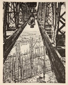 Stocznia widziana z Wielkiego Żurawia, ilustracja z "The Western Front", wyd. przez Country Life Ltd. autorstwa David Muirhead Bone
