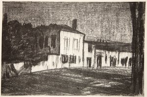 Kwatery żołnierzy, światło księżyca, ilustracja z "Frontu Zachodniego", wyd. przez Country Life Ltd. autorstwa David Muirhead Bone