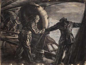 Study for Winter Mine-Laying off Iceland, ok. 1942 (węgiel i kolorowa kreda na papierze) autorstwa David Muirhead Bone