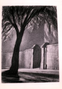 Noc na przedmieściach, ok. 1920 (węgiel) autorstwa David Muirhead Bone