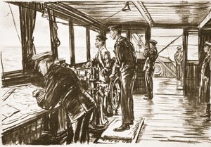 Mostek statku handlowego na morzu, ilustracja z "The Western Front", wyd. przez Country Life Ltd. autorstwa David Muirhead Bone