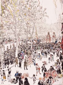 Flaga miasta i gigantów, procesja Bożego Ciała, Ramblas, Barcelona, 8 czerwca autorstwa David Muirhead Bone