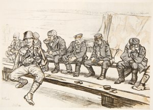 Szczęśliwy wojownik, ilustracja z "The Western Front", wyd. przez Country Life Ltd autorstwa David Muirhead Bone