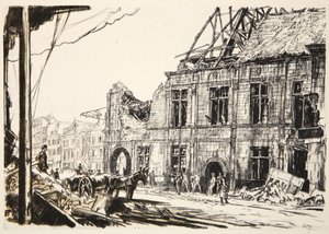 Ratusz w Peronne, ilustracja z książki "The Western Front", wyd. przez Country Life Ltd. autorstwa David Muirhead Bone