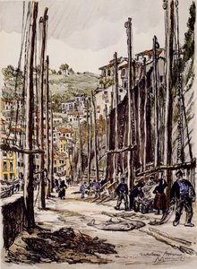 The Tunny Fishers, Cudillero, wybrzeże Asturii autorstwa David Muirhead Bone