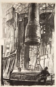 Kanał artyleryjski: kurtka artyleryjska wchodząca do zbiornika z olejem, ilustracja z "The Western Front", wyd. przez Country Life Ltd. autorstwa David Muirhead Bone