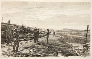 Nocna pikieta, ilustracja z książki "The Western Front", wyd. przez Country Life Ltd. autorstwa David Muirhead Bone