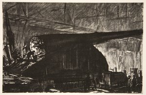 Nocna zmiana pracująca nad dużym działem, ilustracja z "The Western Front", wyd. przez Country Life Ltd. autorstwa David Muirhead Bone