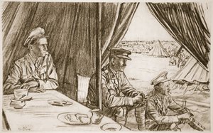 Oczekiwanie na rannych, ilustracja z "The Western Front", wyd. przez Country Life Ltd. autorstwa David Muirhead Bone