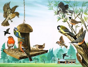 Różne ptaki wokół stołu w ogrodzie, ilustracja z filmu "Dawno, dawno temu