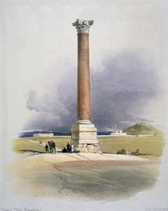 Słup Pompejusza, Aleksandria: Kolumna z czerwonego granitu wzniesiona Dioklecjanowi w IV wieku, niegdyś uważana za miejsce pochówku Pompejusza Wielkiego. Autor: David Roberts (1796-1864) szkocki artysta i orientalista autorstwa David Roberts