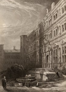 Wielki dwór w Heidelbergu, ryt H. Winklesa, ilustracja z „Pielgrzymów Renu” wydanej w 1840 r. autorstwa David Roberts