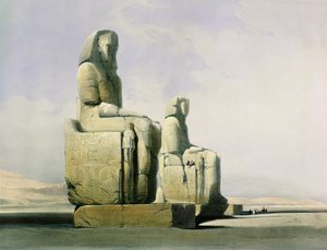Teby, 4 grudnia 1838, fragment kolosów Memnona, tablica 12 z tomu I Egiptu i Nubii, ryty Louis Haghe 1806-85 wyd. 1846 detal lito z 67033