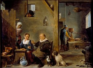 Destylarnia ze starszym mężczyzną kupującym gin od kobiety, c1640-1649