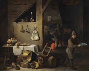 Wnętrze kuchni z młodym chłopcem i trzema postaciami pijącymi i palącymi autorstwa David Teniers the Younger