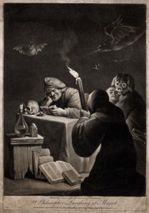 Mężczyzna czytający książkę, uśmiechnięty; obok niego zakapturzony mężczyzna, na kolanach autorstwa David Teniers the Younger