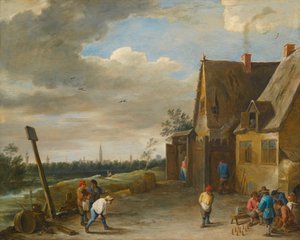 Gra w dziewięć kręgli z widokiem na Antwerpię autorstwa David Teniers the Younger